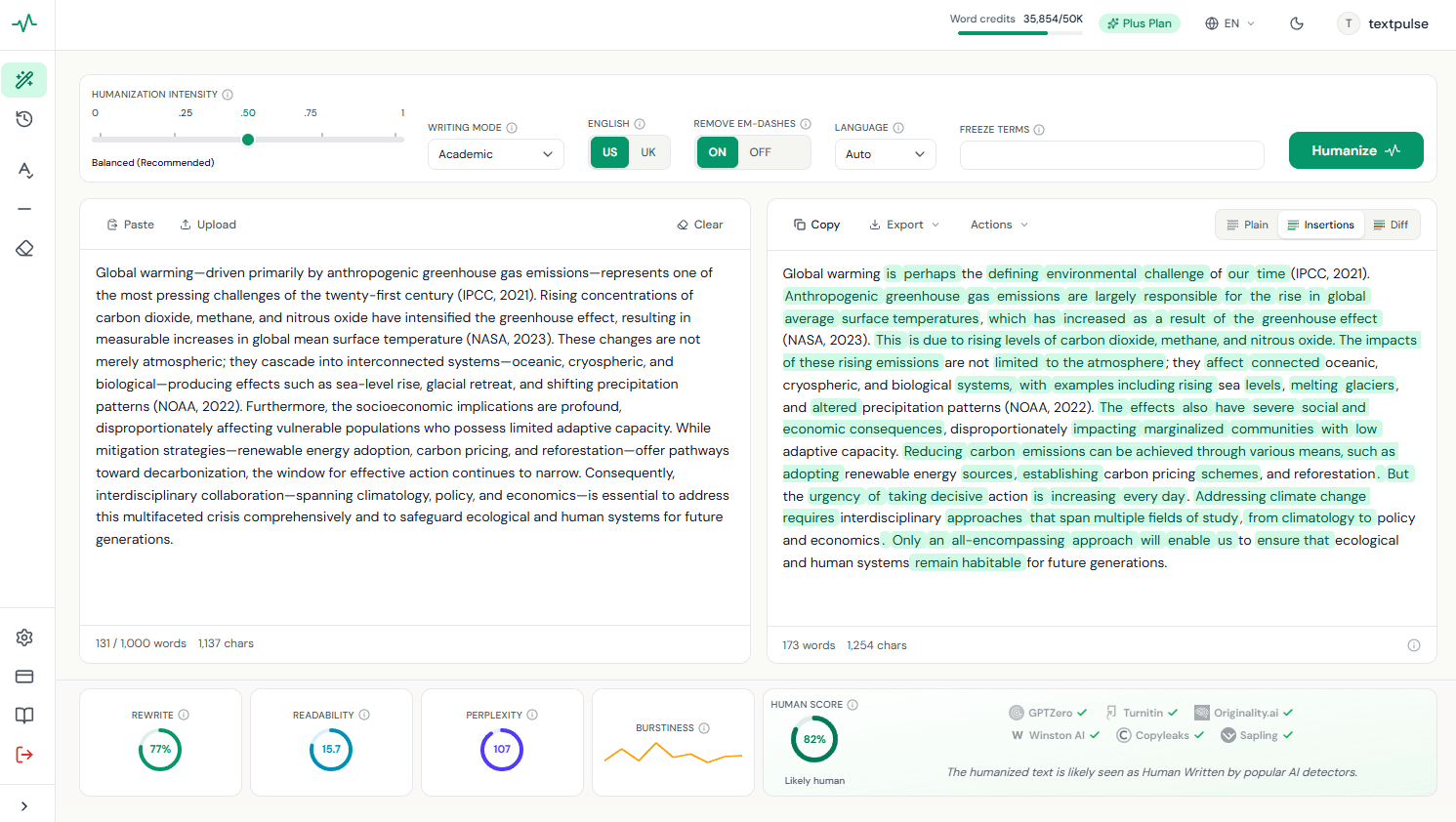 Рабочее пространство гуманизатора TextPulse AI, преобразующее деловой документ, созданный ИИ, в естественный профессиональный текст; вставленные слова выделены, а ниже расположена панель метрик правок