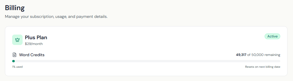 The Billing page header showing an active Plus plan at $29 per month with a word-credits meter reading 49,317 of 50,000 remaining.