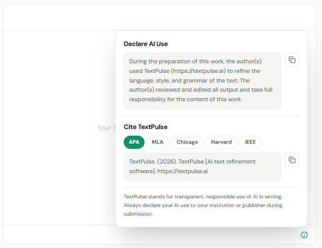 La tarjeta Declarar uso de IA abierta, mostrando la declaración de uso de IA copiable arriba de un bloque Citar TextPulse con opciones APA, MLA, Chicago, Harvard e IEEE.