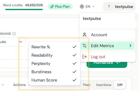 El menú de usuario abierto con el submenú Edit Metrics desplegado, que muestra Rewrite %, Readability, Perplexity, Burstiness y Human Score como tarjetas seleccionables.