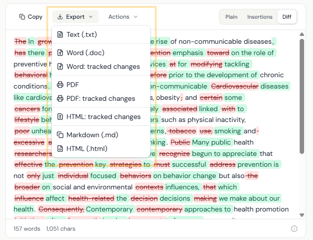 L'elenco del menu Export che mostra Text (.txt), Word (.doc), Word con revisioni tracciate, PDF, PDF con revisioni tracciate, HTML con revisioni tracciate, Markdown (.md) e HTML (.html).