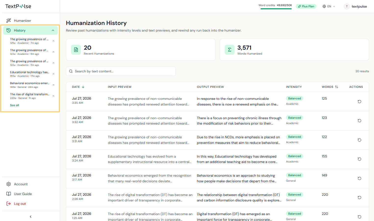 The Humanization History page listing past runs with input and output previews, intensity, and word counts, beside the sidebar History list expanded for one-click rewind.