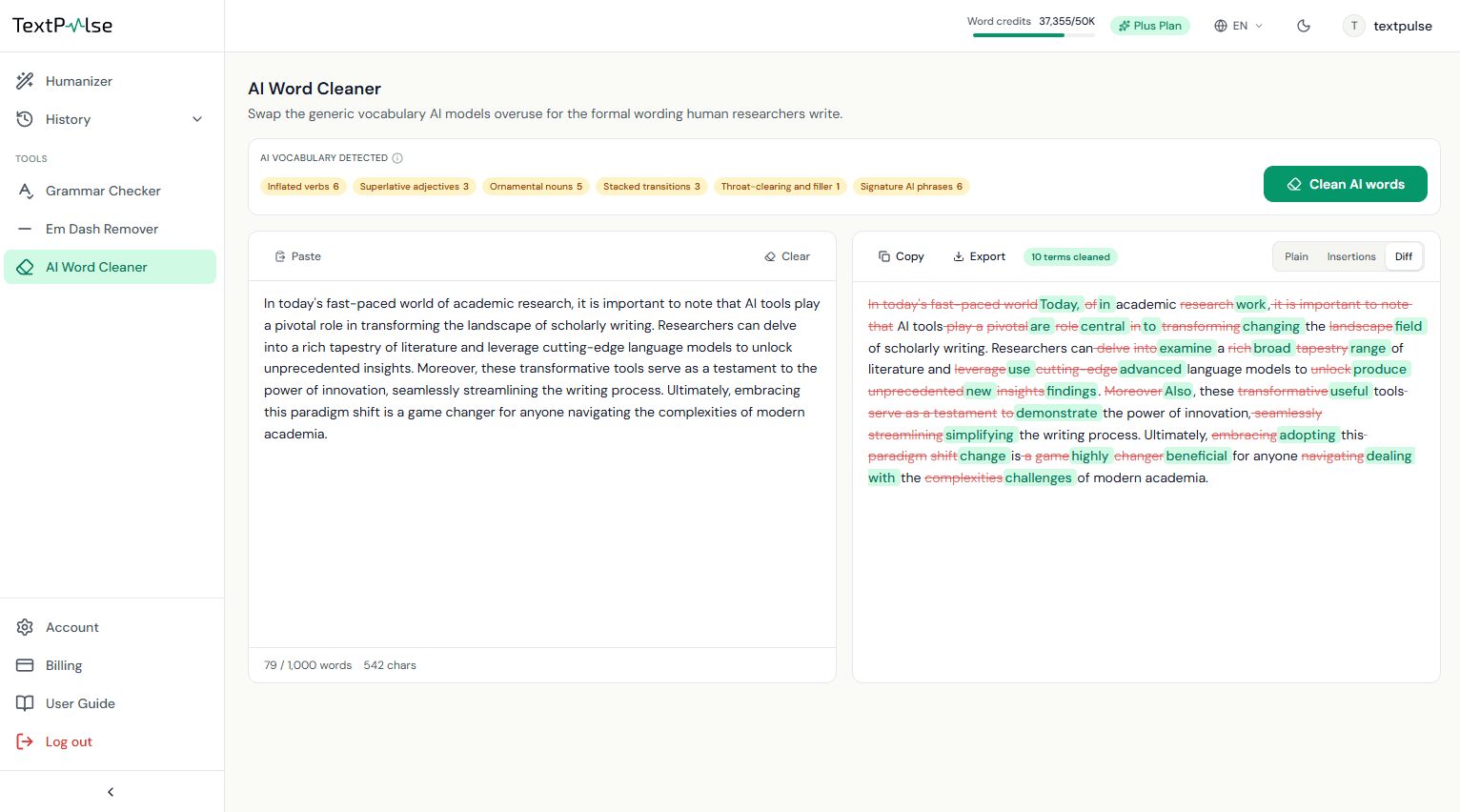 rail 上で AI による過剰使用語彙を amber のカテゴリチップとしてフラグ付けする AI Word Cleaner と、差分表示で各置換が平易で形式的な表現に示され、'10 terms cleaned' バッジが表示されている画面。