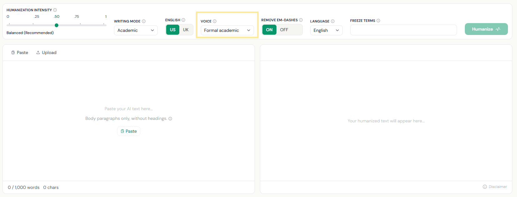 The humanizer control rail with the Voice dropdown highlighted and set to Formal academic, between the US/UK English toggle and the Remove em-dashes switch.