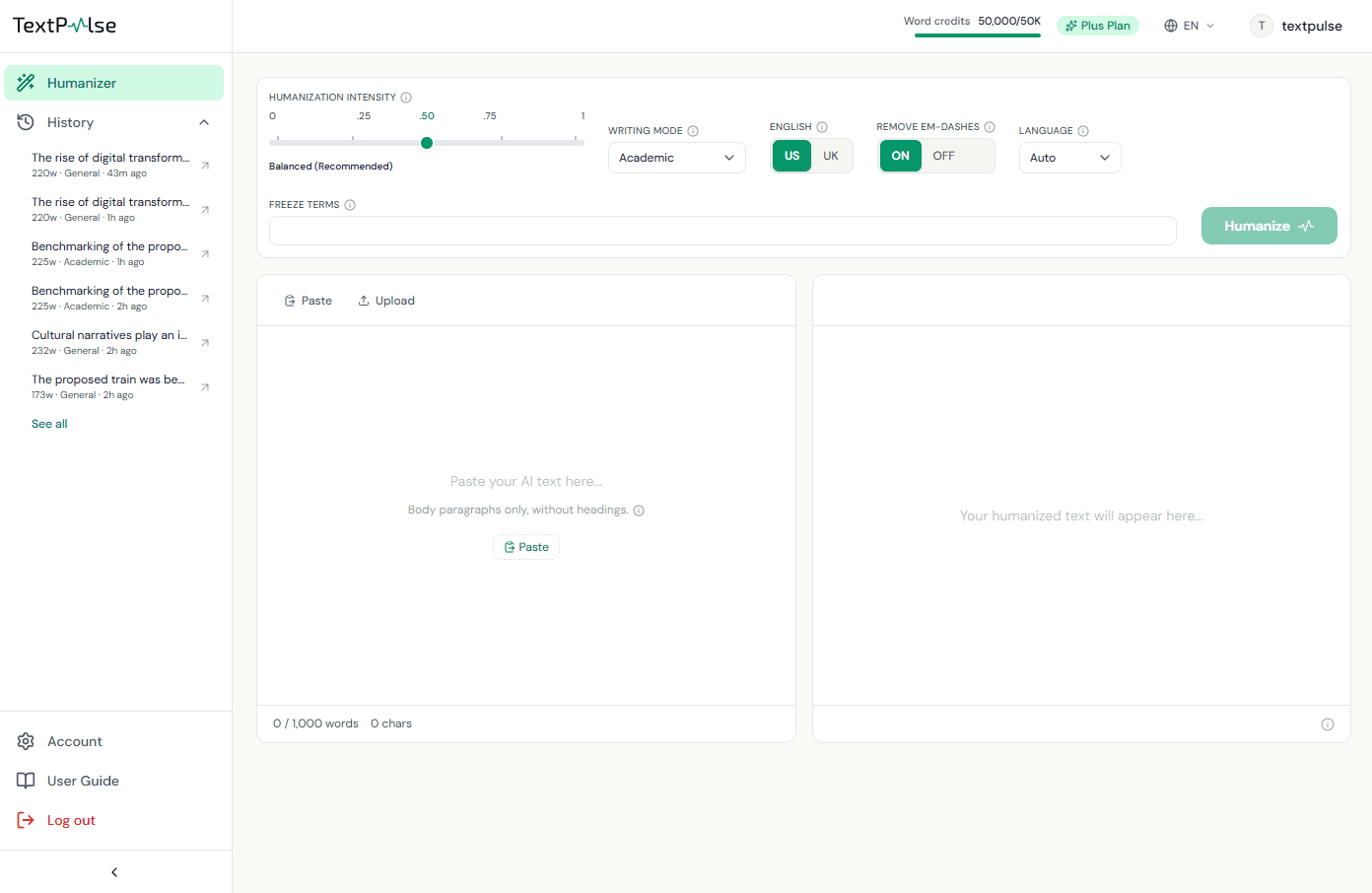 The TextPulse humanizer workspace: control rail across the top, input pane on the left, output pane on the right, and the collapsible sidebar with recent humanizations.