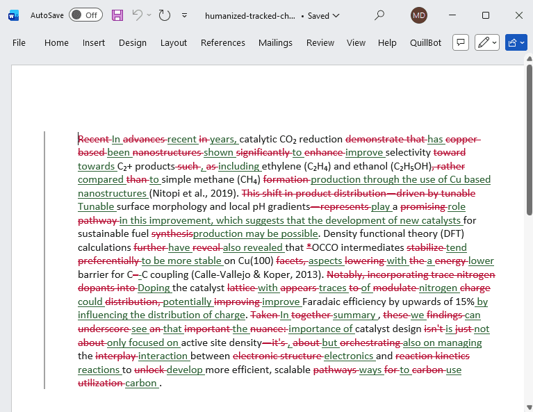 Microsoft Word-এ খোলা tracked changes সহ humanized পাঠ্য