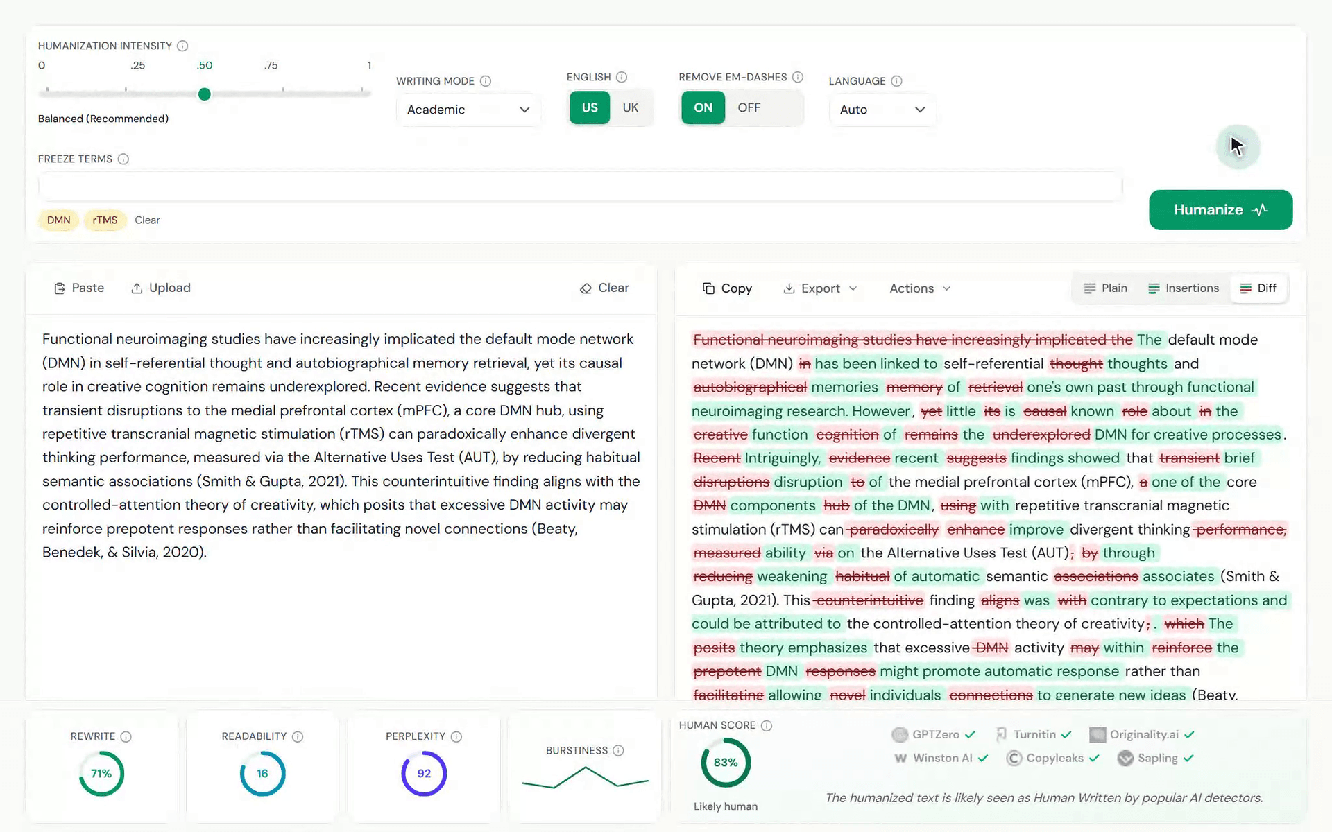 TextPulse AI humanizer workspace, AI-উৎপাদিত একাডেমিক লেখা মানবিক করছে, AI ইনপুটের পাশে humanized আউটপুট Insertions view-তে, প্রতিটি যোগ করা শব্দ সবুজে হাইলাইট করা, উদ্ধৃতি সংরক্ষিত, এবং edit metrics bar-এ rewrite, readability, perplexity, burstiness, ও 82% human score দেখানো