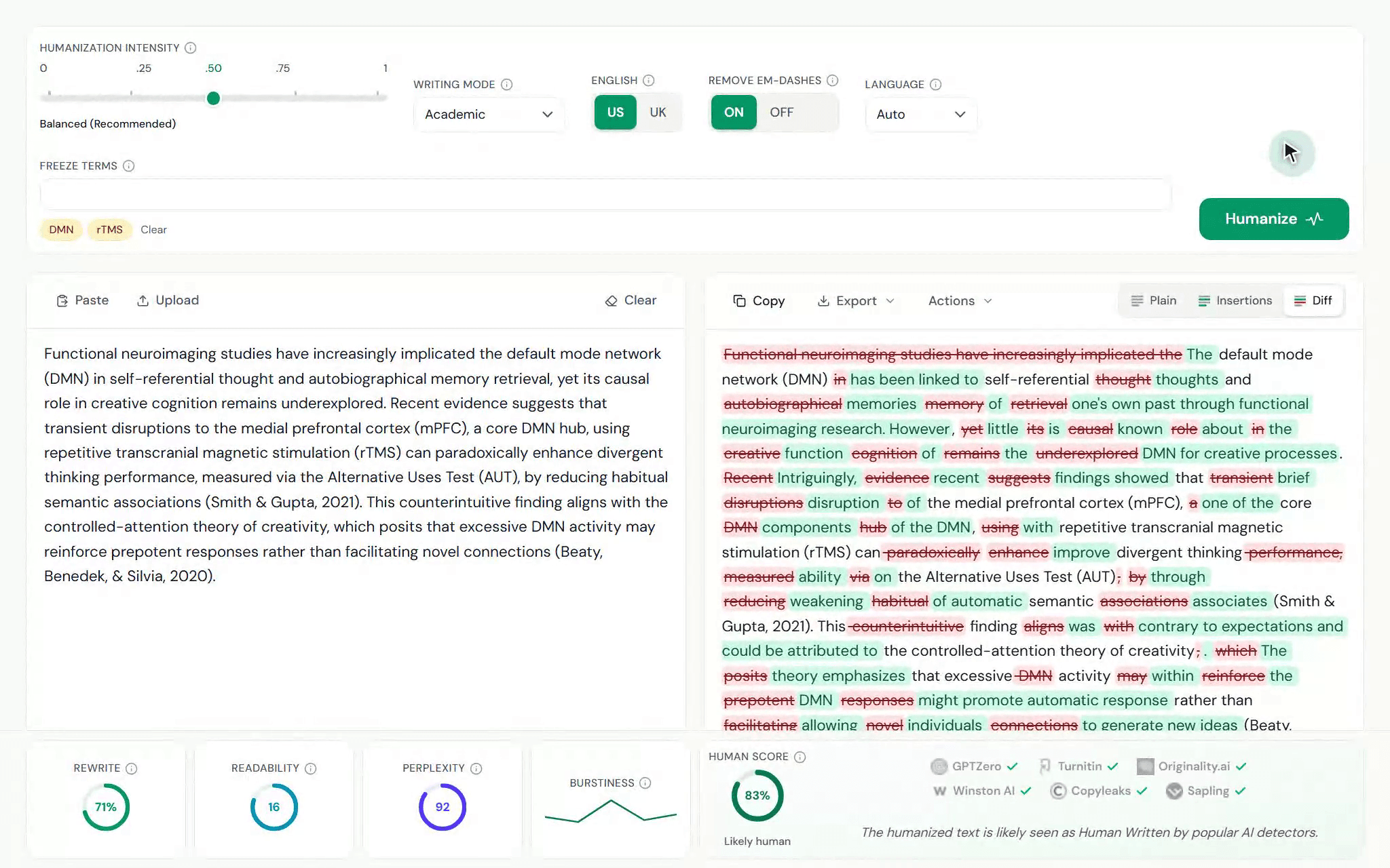 TextPulse AI 人性化工作区正在将 AI 生成的学术文本人性化, AI 输入与人性化输出并排显示于插入视图中, 每个新增词都以绿色高亮, 引文已保留, 编辑指标栏显示 rewrite, readability, perplexity, burstiness, 以及 82% human score