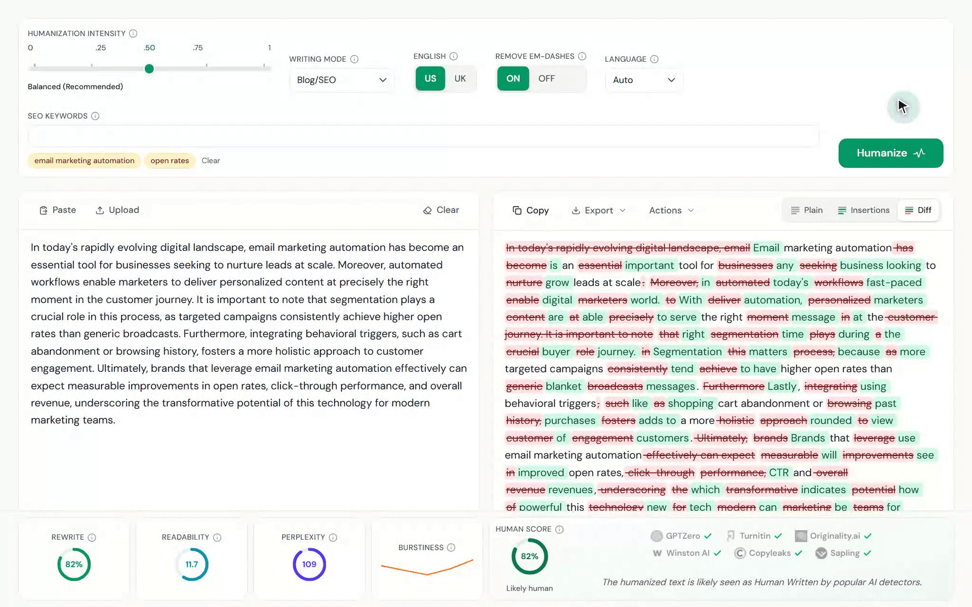 Pracovní plocha TextPulse humanizující úvod blogu napsaný AI: původní návrh je vedle zhumanizovaného výstupu v zobrazení Diff se zvýrazněnými výmazy a vloženími, zamčená SEO klíčová slova jsou zachována doslova a lišta metrik ukazuje hloubku přepisu, čitelnost, perplexitu, burstiness a Human Score