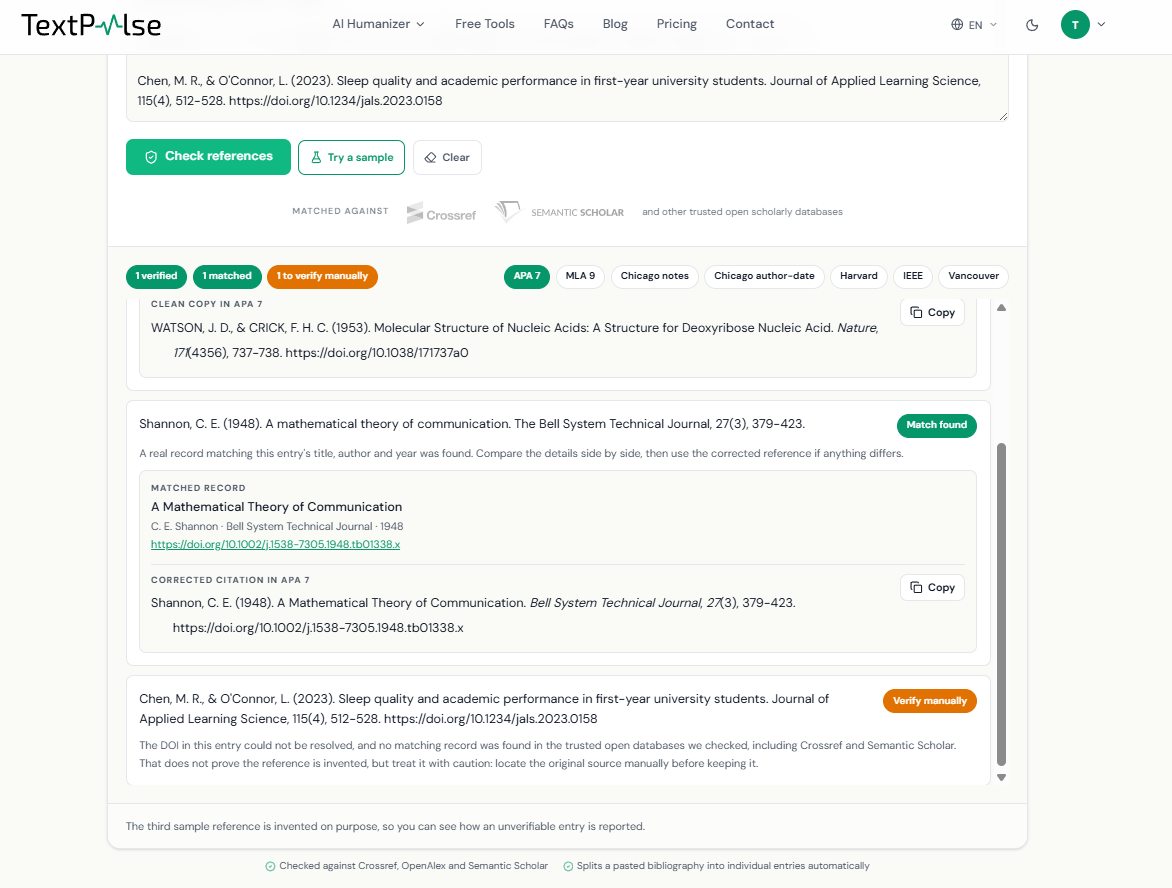 TextPulse AI citation checker verdict list: one reference verified, one matched against Crossref with a corrected citation, and one flagged to verify manually because its DOI does not resolve