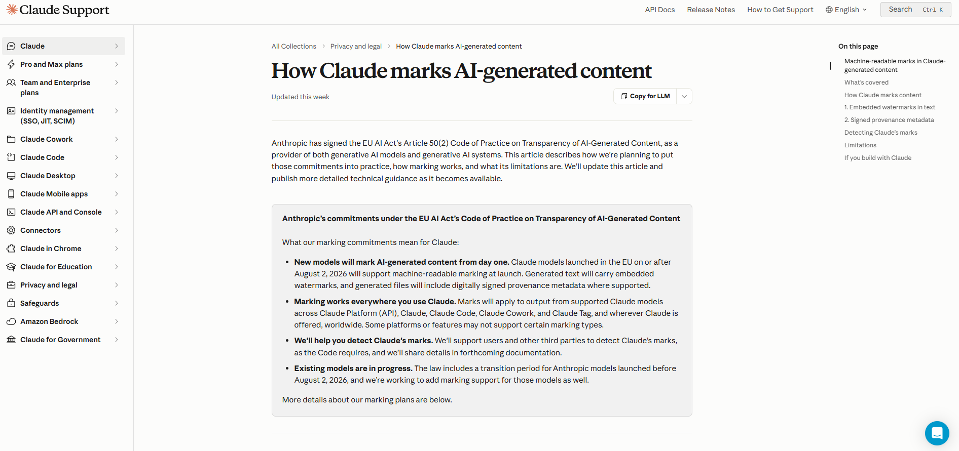 Anthropic's Claude support article on how Claude marks AI-generated content: embedded watermarks in text and signed provenance metadata under the EU AI Act code of practice