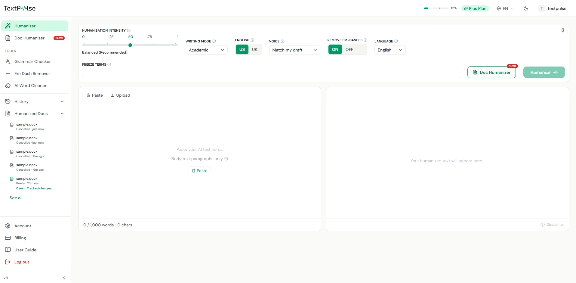 The TextPulse humanizer with the Doc Humanizer button beside Humanize, the Doc Humanizer entry under Humanizer in the left sidebar, and the Humanized Docs list with its Clean and Tracked changes links