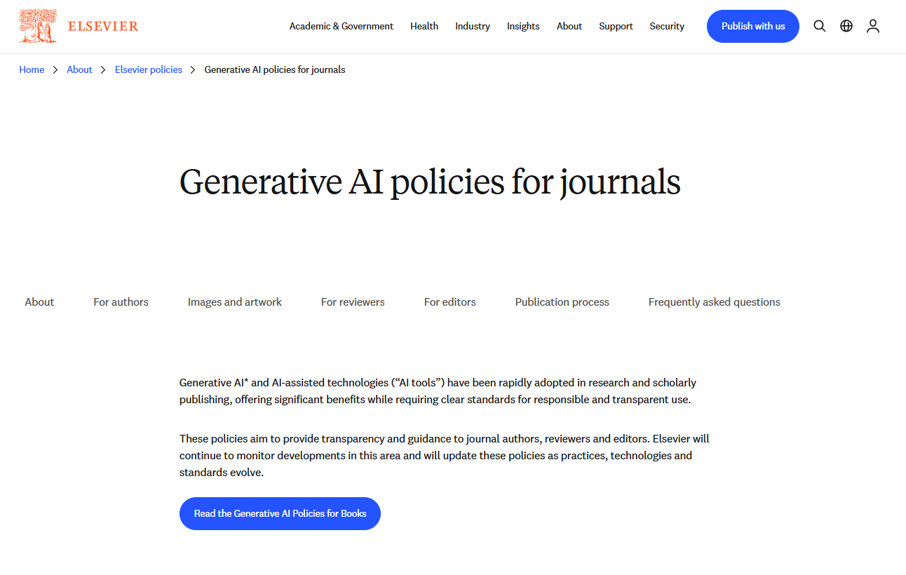 Stránka Elsevier's generative AI policies for journals s oddělenými pokyny pro autory, recenzenty a editory