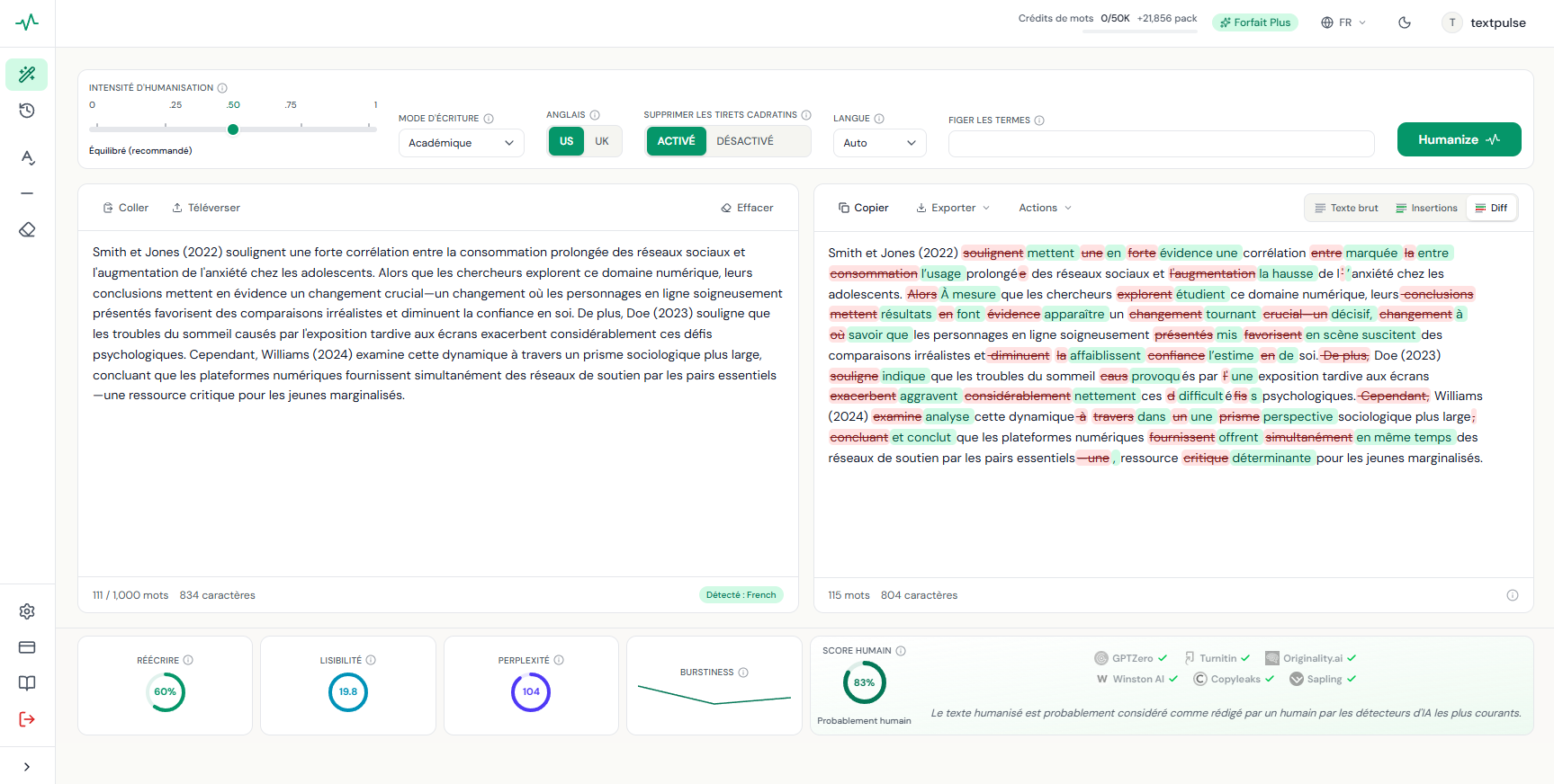 AI humanizer for French in the TextPulse dashboard with the interface in French: French academic text humanized with tracked edits and the pill reading Detecte : French