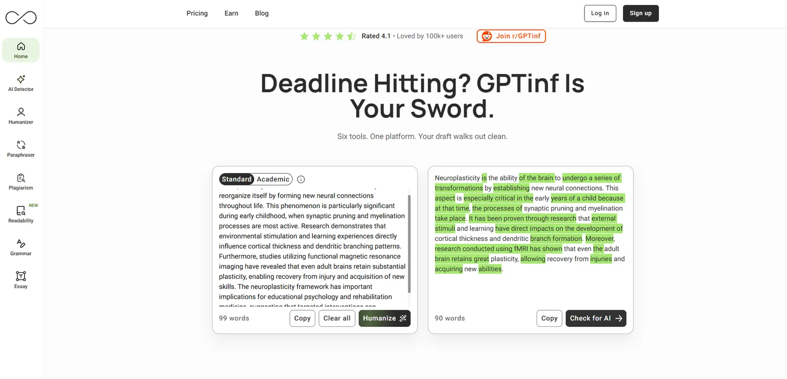 GPTinf humanizer dashboard with pasted text in the editor, a mode selector offering Standard and Academic, and the rewritten phrases highlighted in the output