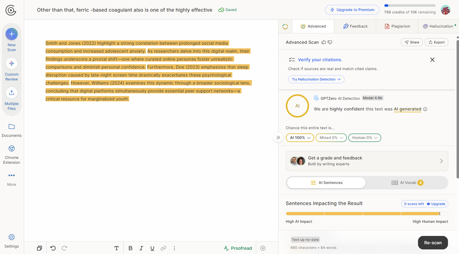 GPTZero result screen highly confident a passage is AI generated: 100% AI probability with per-sentence highlighting and an AI vocabulary tab