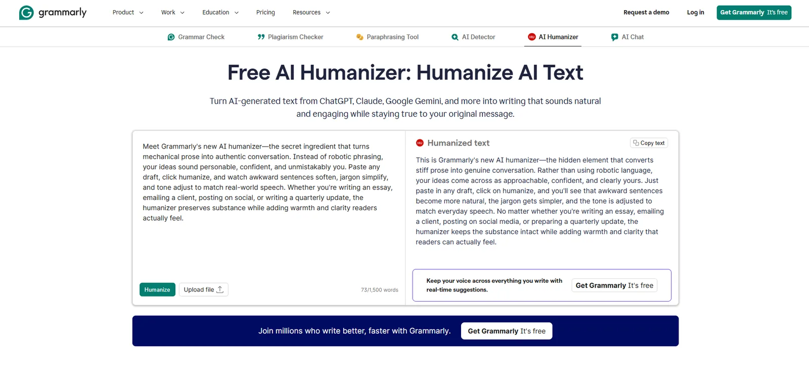 Grammarly AI Humanizer showing a pasted passage beside its humanized rewrite and the preset tone styles