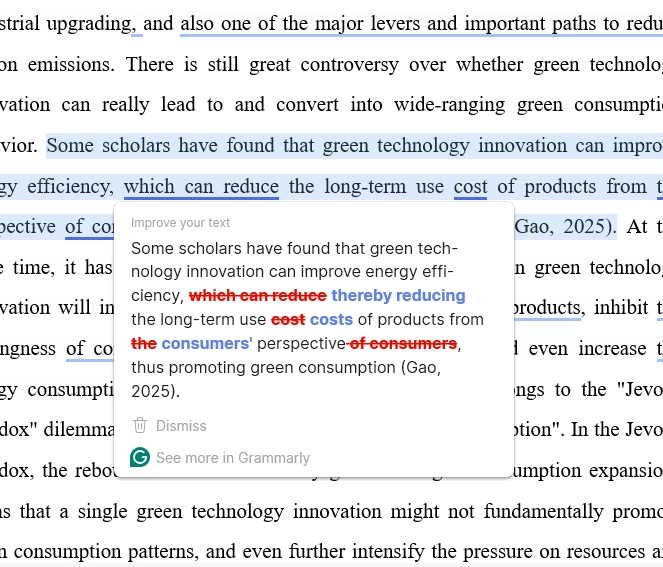 Grammarly suggestion card on a human-written green technology manuscript replacing which can reduce with thereby reducing and rewording the consumers' perspective