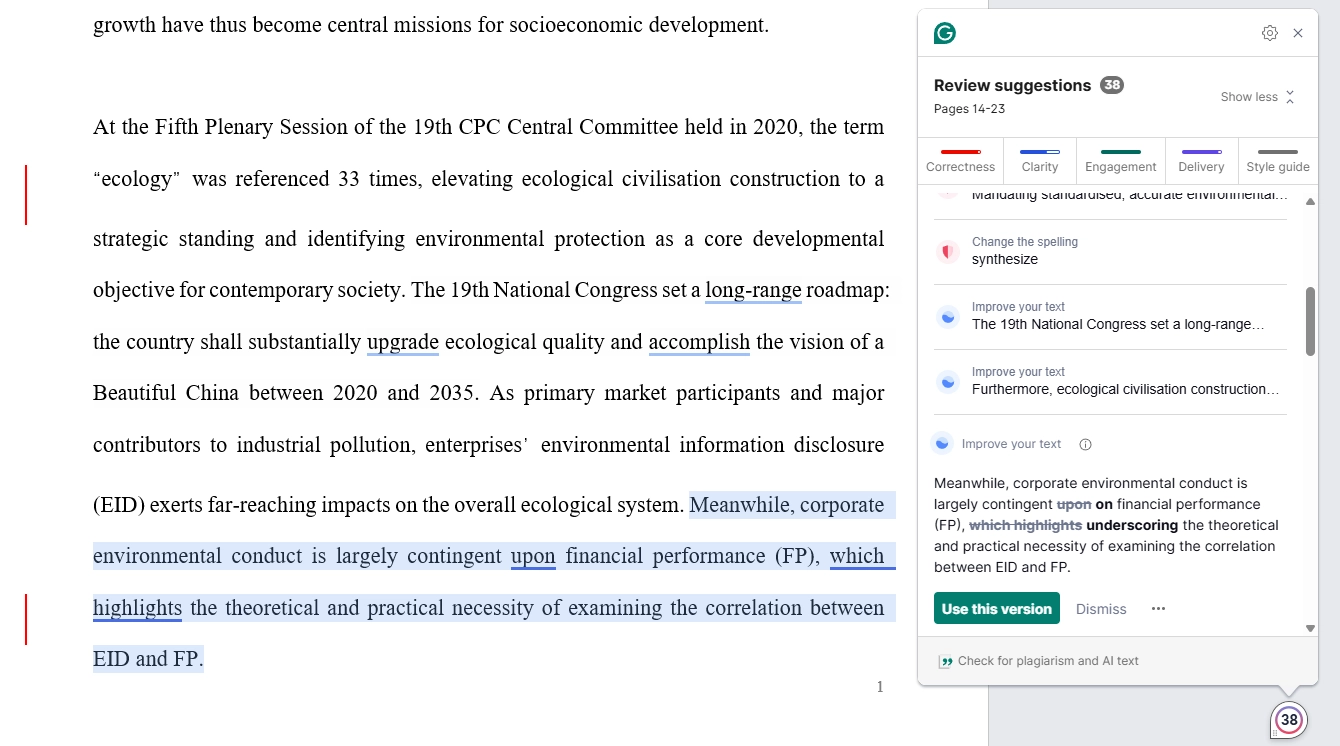 Grammarly review panel with 38 suggestions on an academic manuscript, proposing to replace which highlights with underscoring