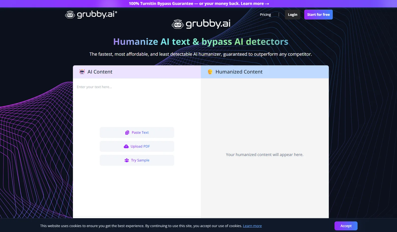 Grubby AI humanizer with a text input box, a word counter and a humanize button