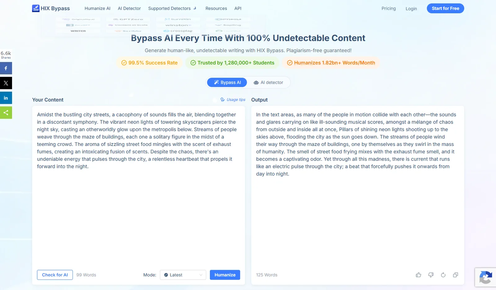 AI-generated text के लिए एक box, एक rewrite mode selector और bundled detector check चलाने के लिए एक control के साथ HIX Bypass humanizer screen