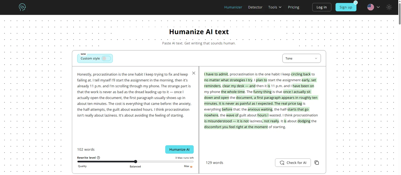 HumanizerAI Pro browser tool with a text box for the draft and a rewrite level slider set between Quality, Balanced and Max above the humanized output