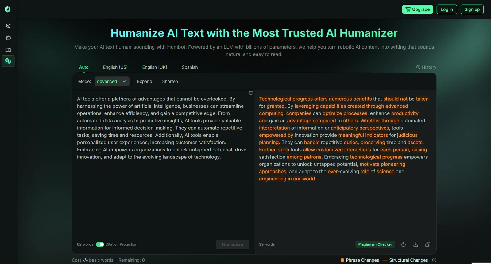 شاشة Humbot humanizer التي تعرض مربع إدخال النص، وأوضاع Advanced وExpand وShorten، وخيارات اللغة English US وEnglish UK وSpanish ومفتاح Citation Protection