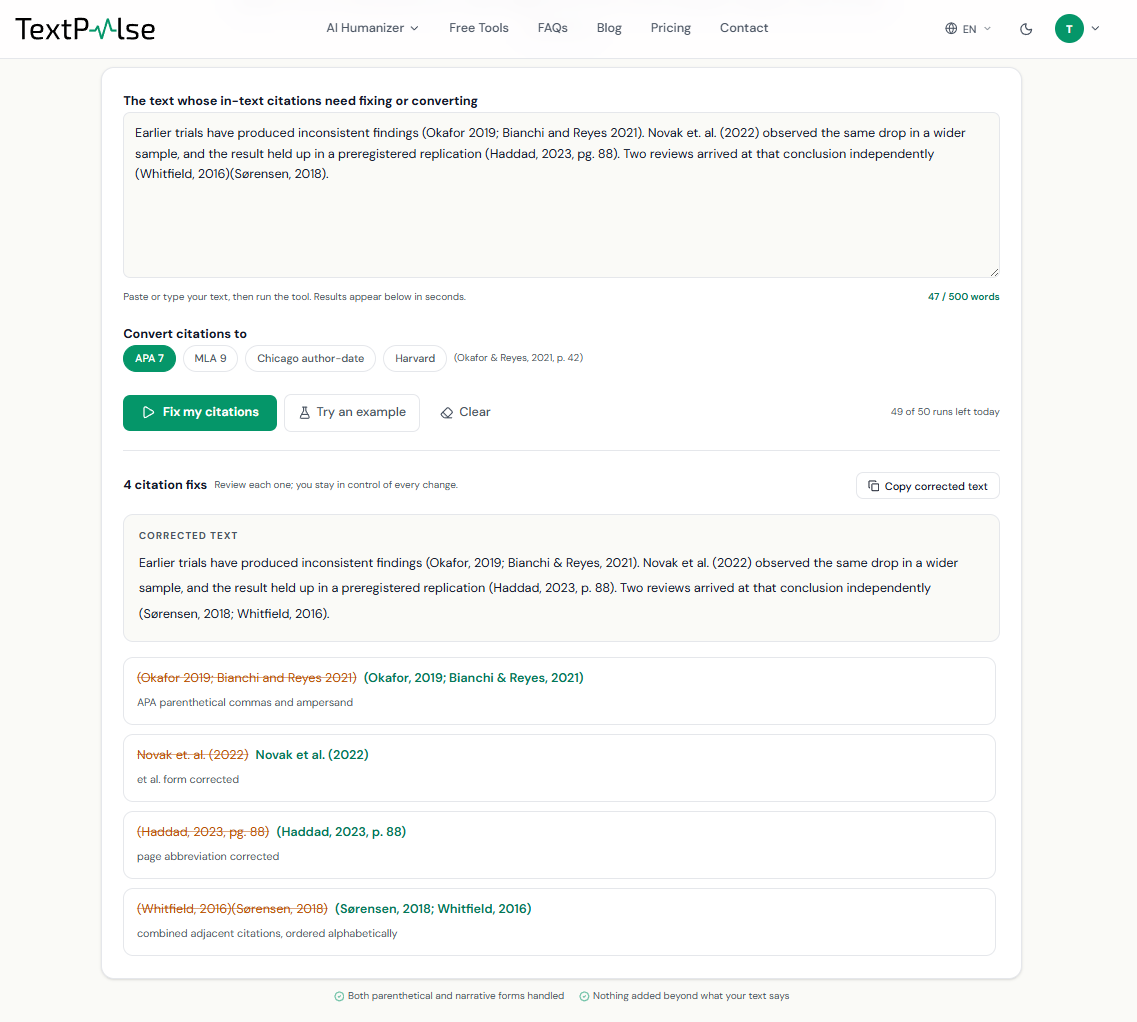 TextPulse in-text citation fixer converting citations to APA 7: four fixes listed with the originals struck through, including an et al. correction and two adjacent citations merged and reordered