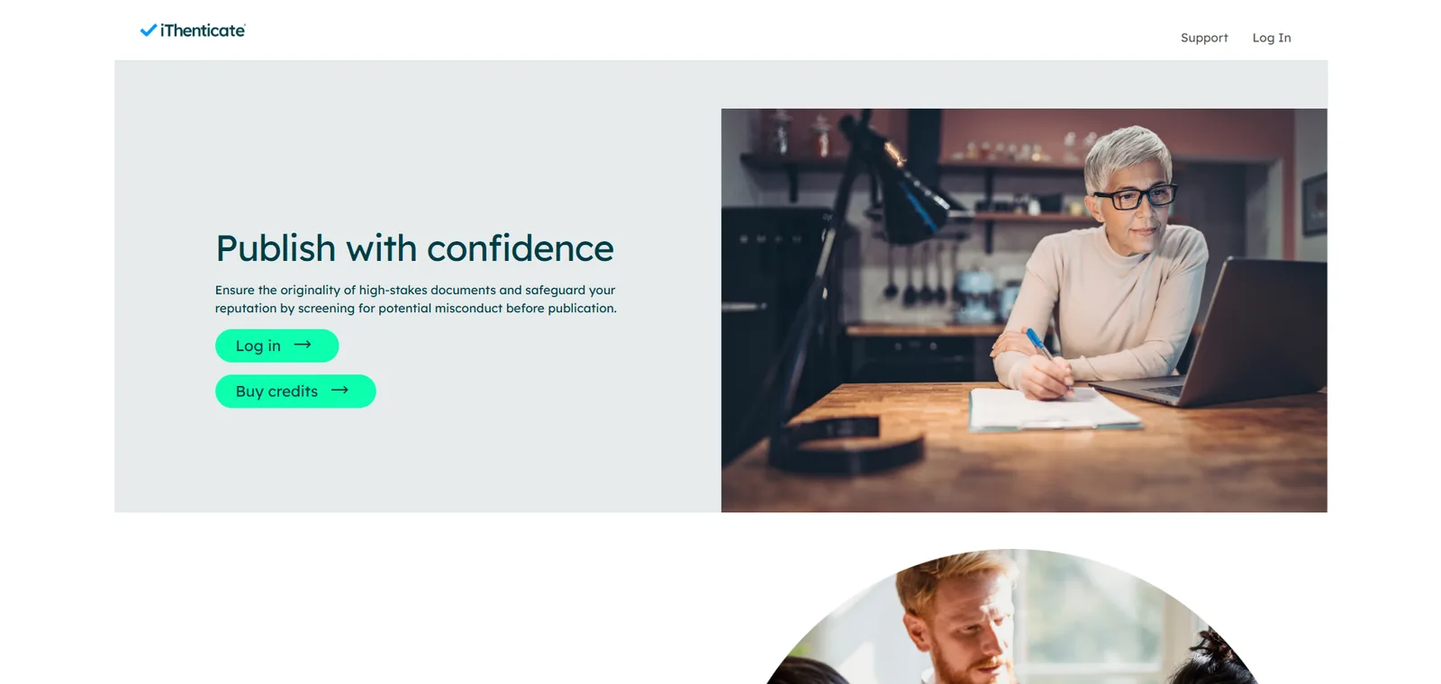 iThenticate homepage for publishers and researchers: publish with confidence by screening high-stakes documents for potential misconduct before publication, with log in and buy credits buttons