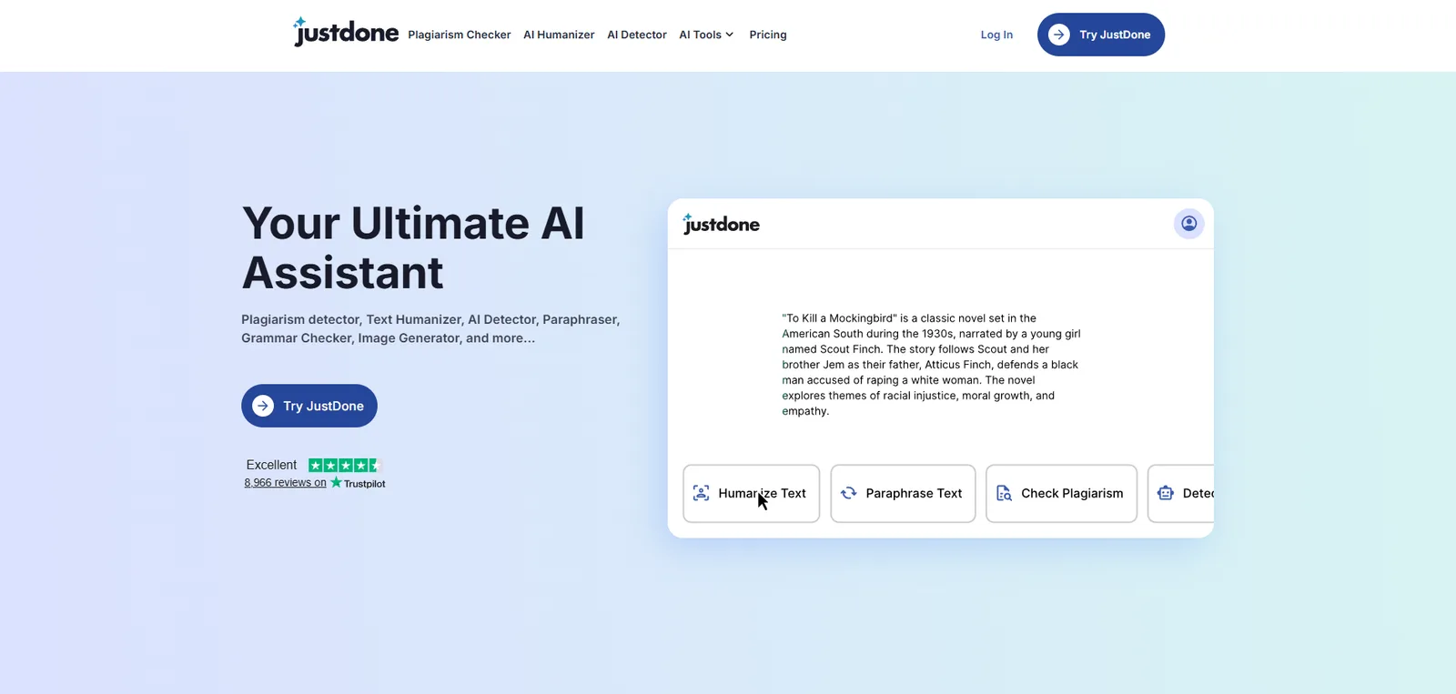 JustDone dashboard showing the humanizer with task-specific modes for emails, blogs and academic content