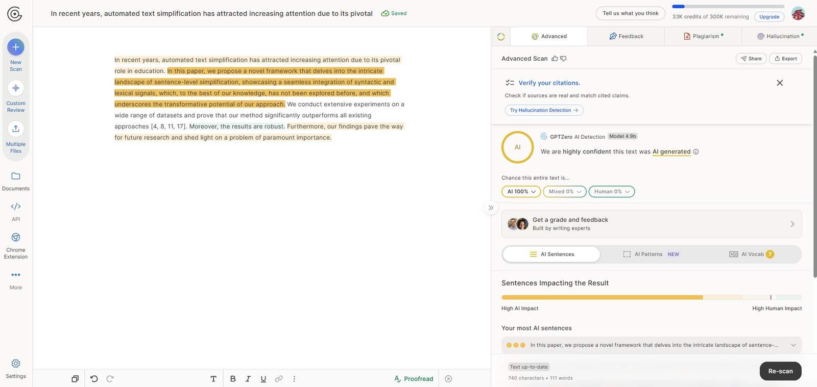 GPTZero result for the AI-generated source paragraph, scored 100 percent AI probability with high confidence