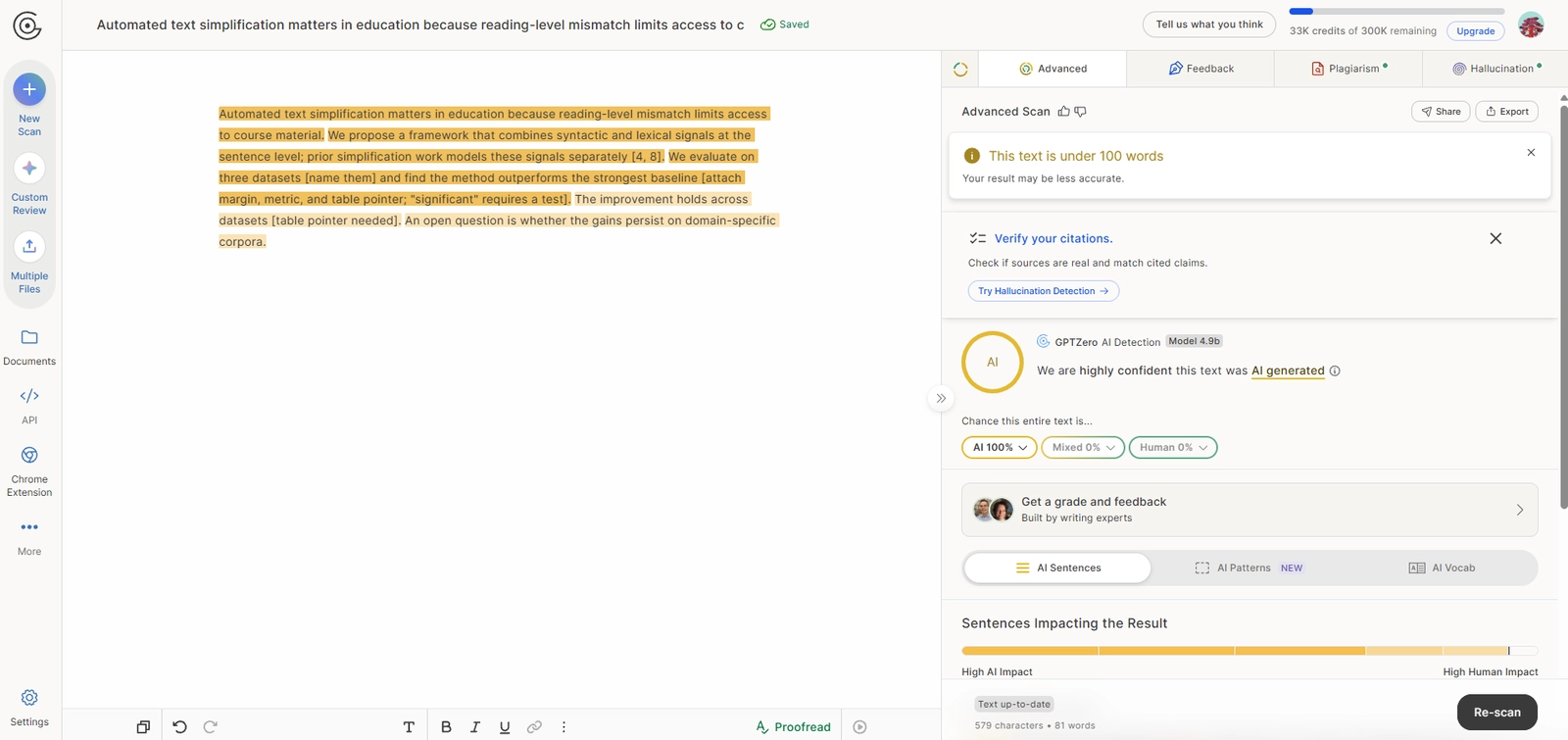 GPTZero result for the MorphMind Academic Humanizer rewrite, still scored 100 percent AI probability