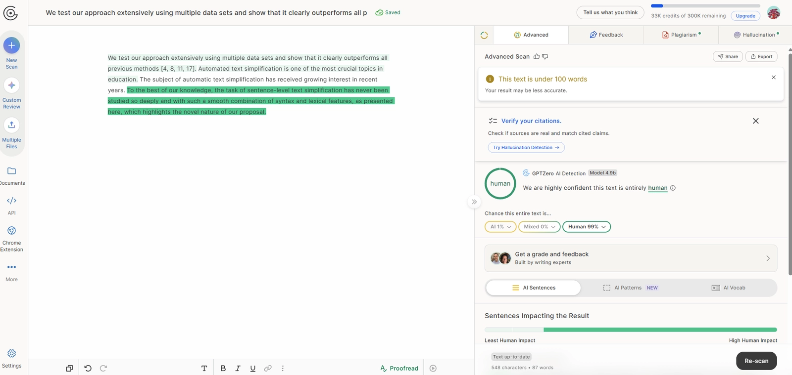 GPTZero result for the TextPulse humanization of the same paragraph, scored 99 percent human