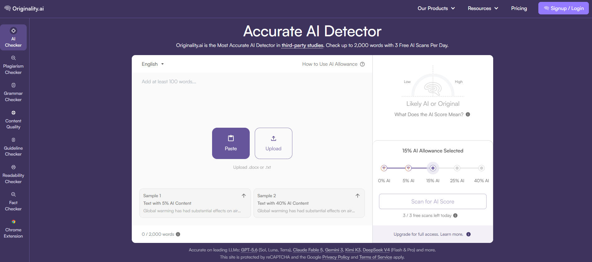 Originality.ai free AI detector page with the adjustable AI allowance slider and three free scans per day