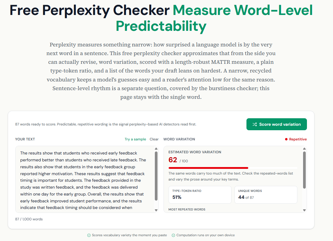 Free perplexity checker scoring word-level predictability: a repetitive paragraph scores 62 of 100 estimated word variation with a 51% type-token ratio