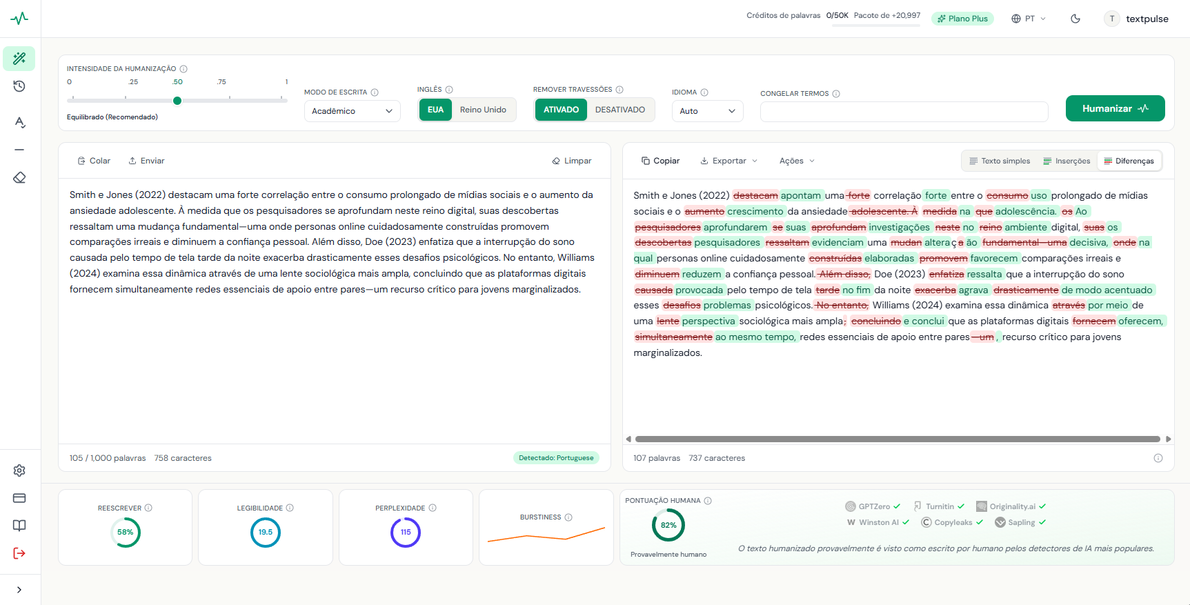 AI humanizer for Portuguese in the TextPulse dashboard with the interface in Portuguese: Portuguese academic text humanized with tracked edits and the pill reading Detectado: Portuguese