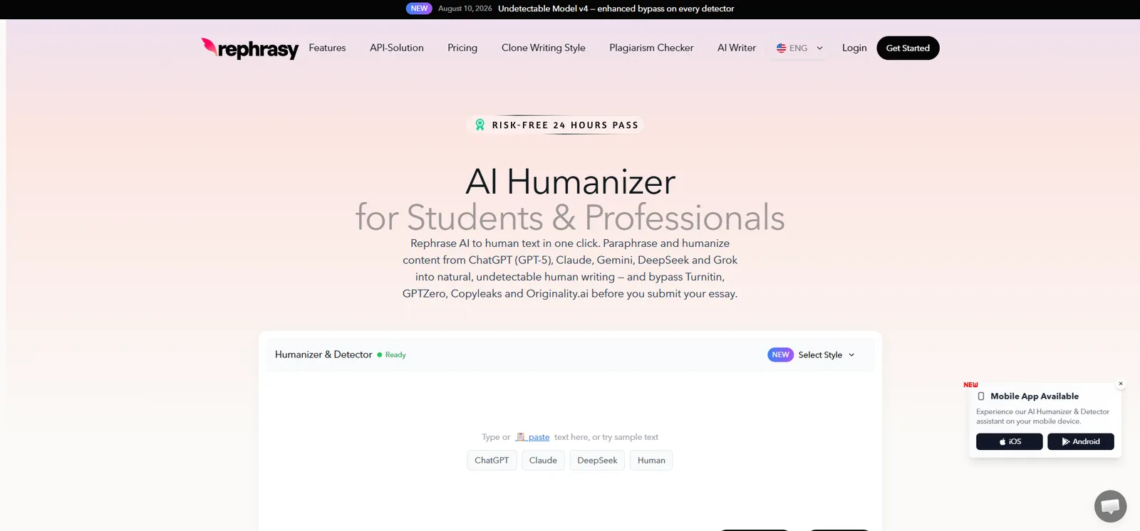 Rephrasy humanizer dashboard with a text input area, mode selection and a humanize control