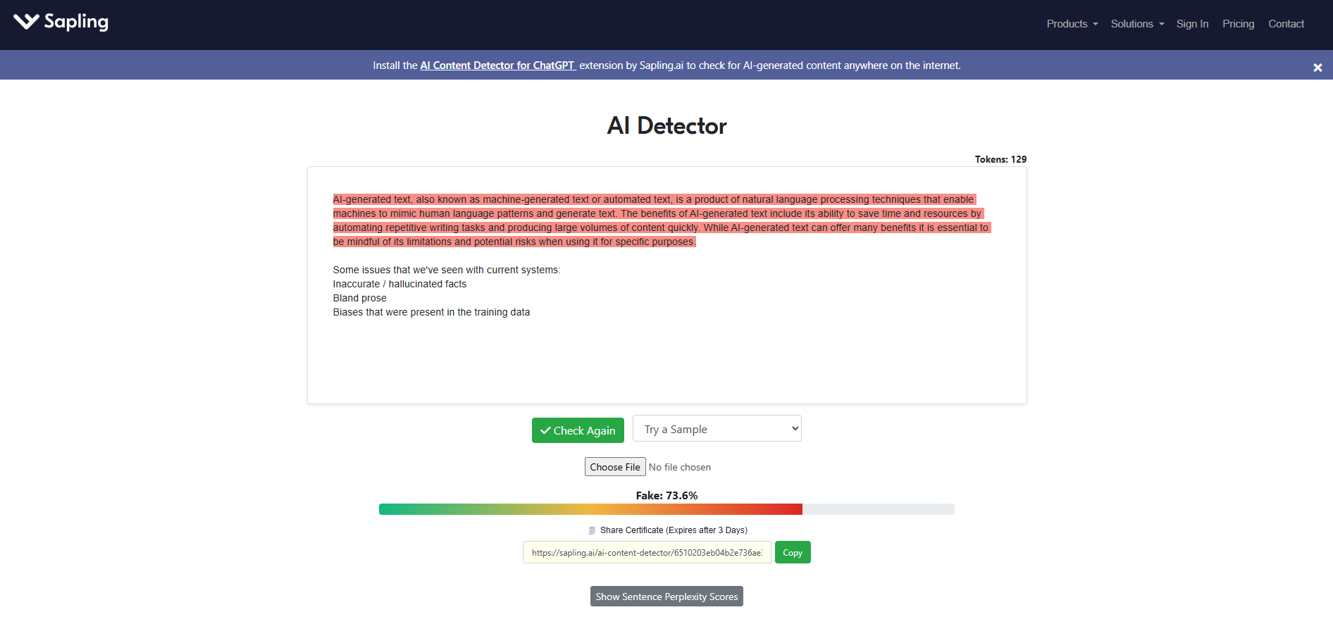 Sapling AI detector output highlighting AI sentences in red with a fake probability of 73.6%