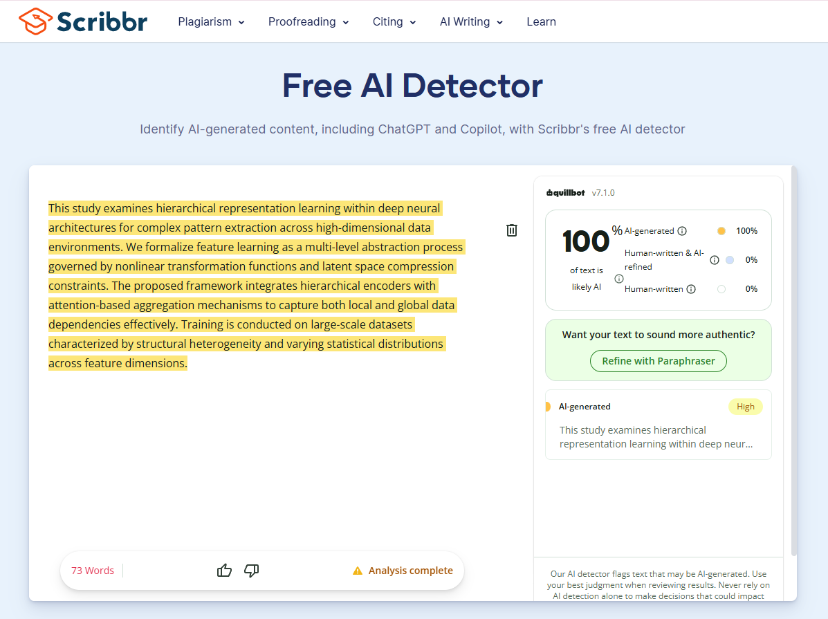 Scribbr free AI detector scoring an academic paragraph 100% AI-generated, with the QuillBot engine version visible in the result panel