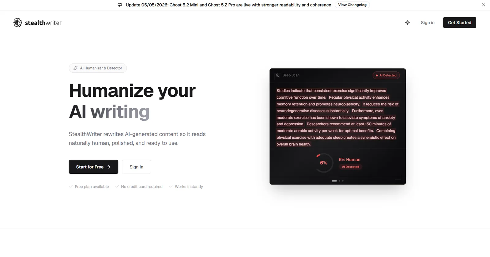StealthWriter humanizer dashboard showing pasted text alongside a sentence-by-sentence Deep Scan breakdown with colour-coded highlights