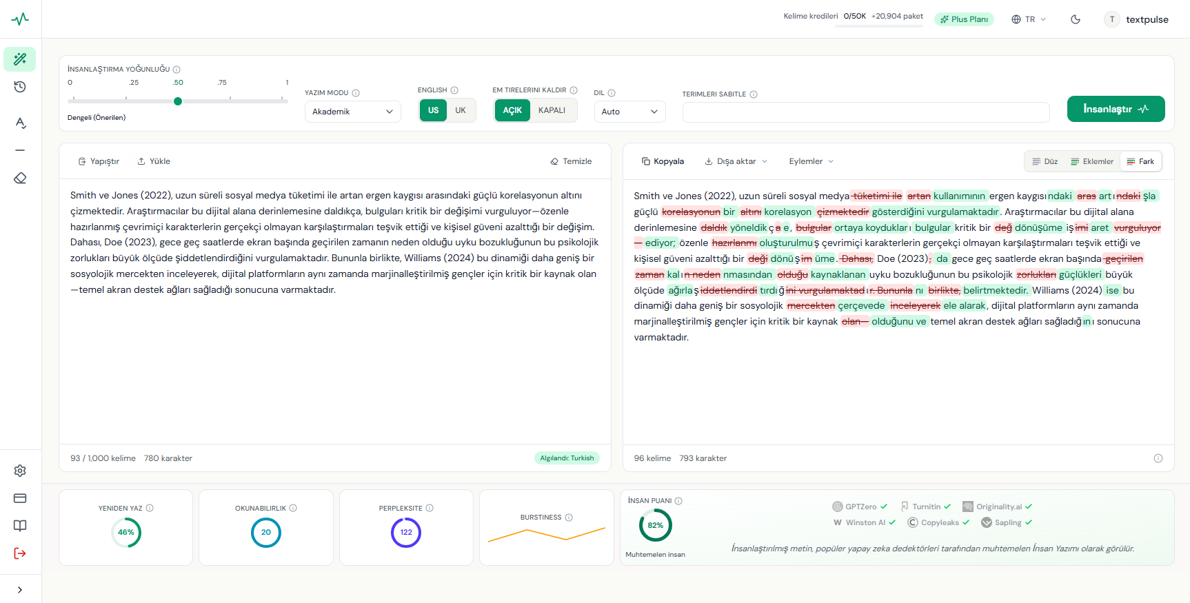 Turkish AI humanizer in the TextPulse dashboard with the interface in Turkish: Turkish academic text humanized with tracked edits and the language auto-detected