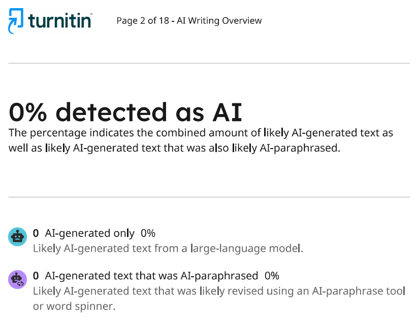 Turnitin AI Writing Overview page listing two categories: AI-generated only, described as likely AI-generated text from a large-language model, and AI-generated text that was AI-paraphrased, described as likely AI-generated text that was likely revised using an AI-paraphrase tool or word spinner