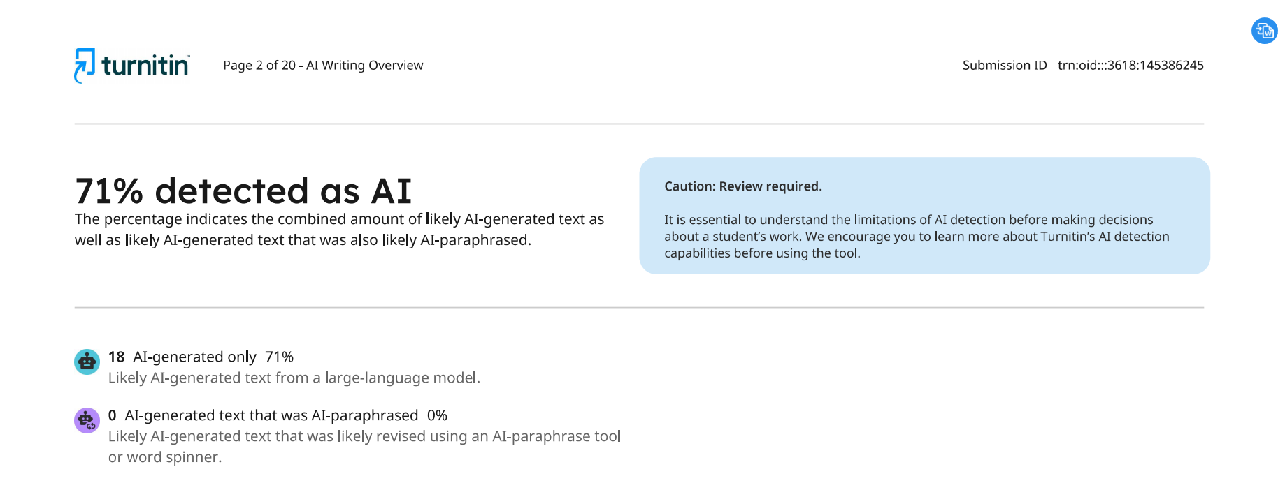 Turnitin AI writing report showing 71% detected as AI, the combined share of likely AI-generated and AI-paraphrased text in a submission