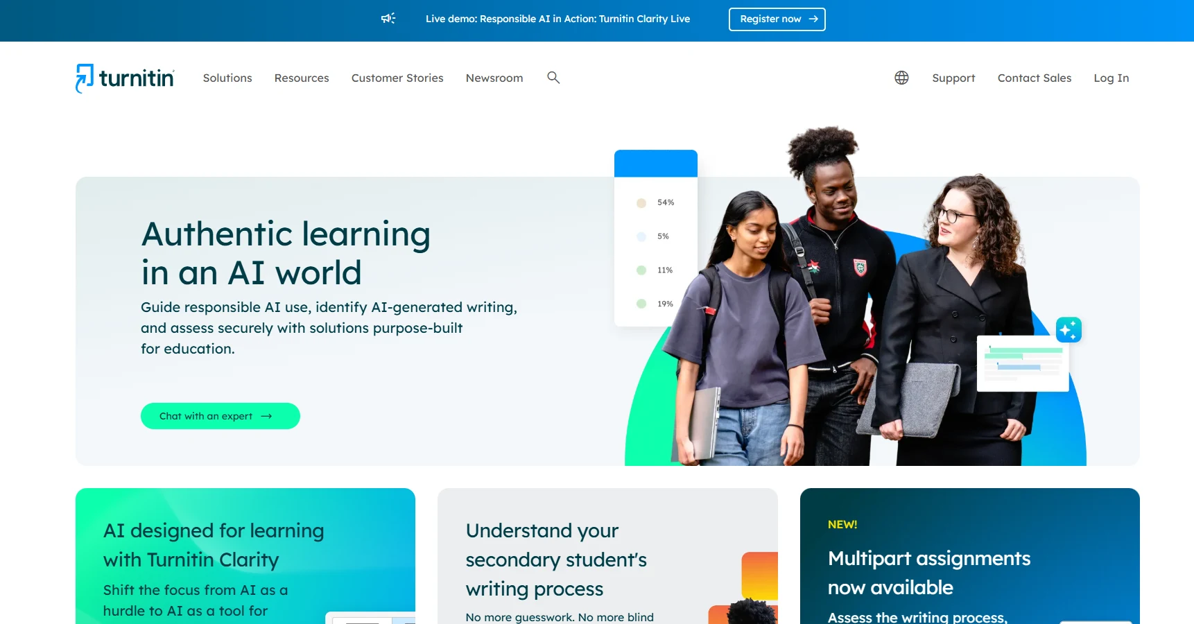 Turnitin homepage positioning AI writing detection inside its authentic learning and similarity workflow