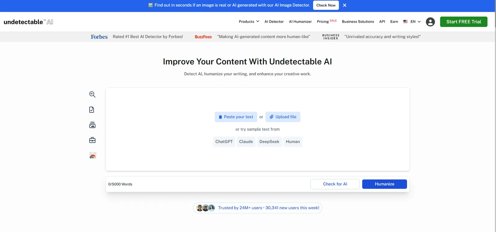 Undetectable AI humanizer interface with a panel for pasted AI written text and the humanized rewrite beside it