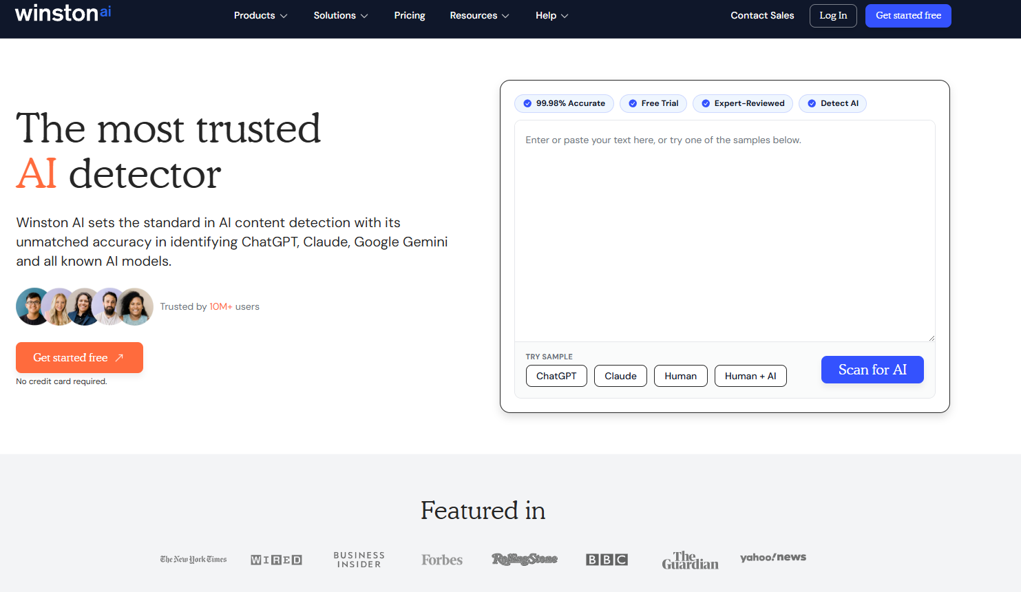 Winston AI homepage: the most trusted AI detector, with a 99.98% accurate badge and 10 million users