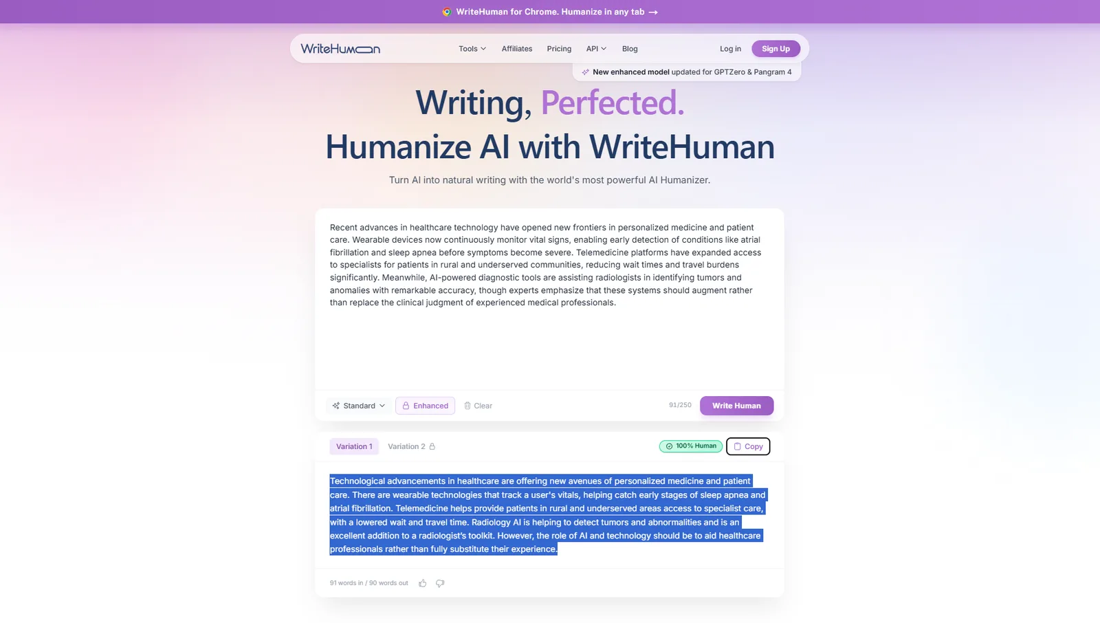 WriteHuman humanizer with pasted text beside its rewritten version, alongside the built-in AI detector check
