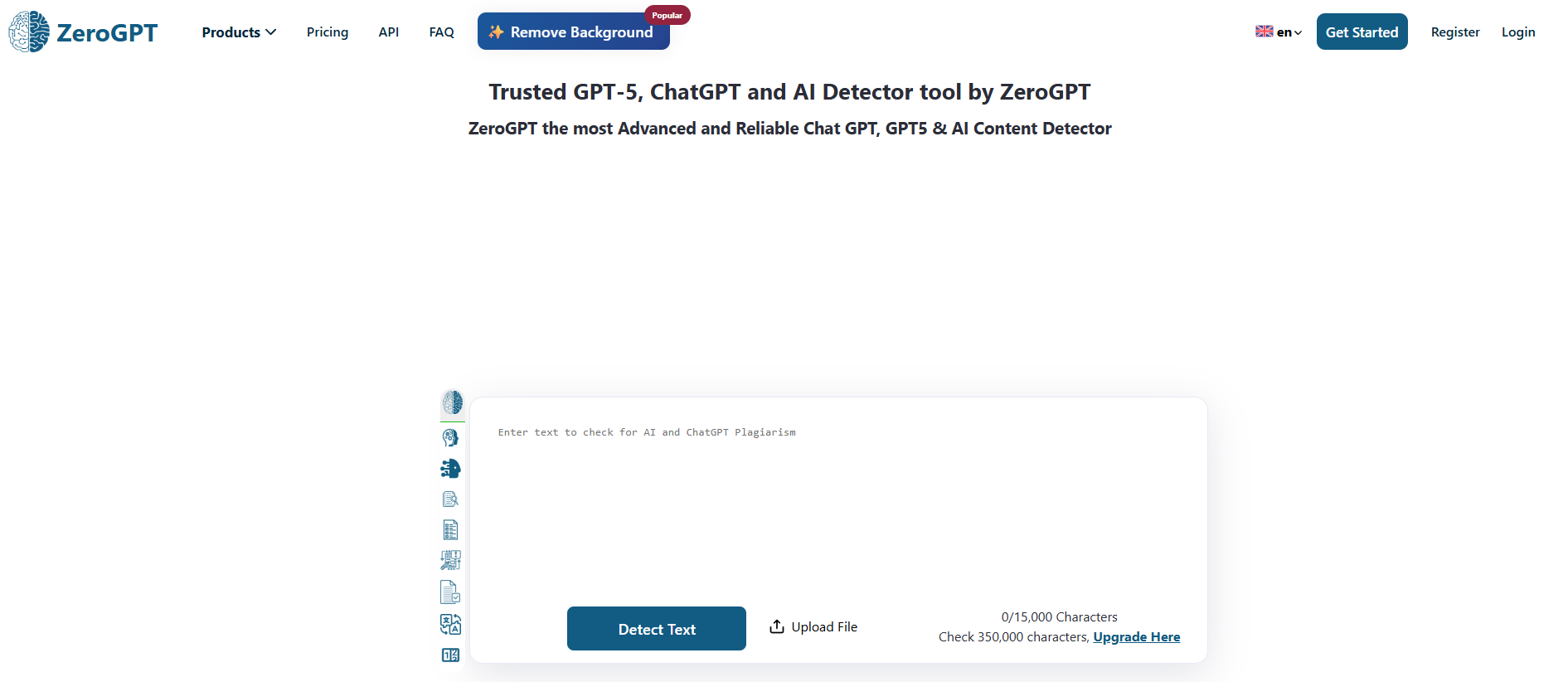 ZeroGPT homepage detector with a 15,000 character free input and no signup required