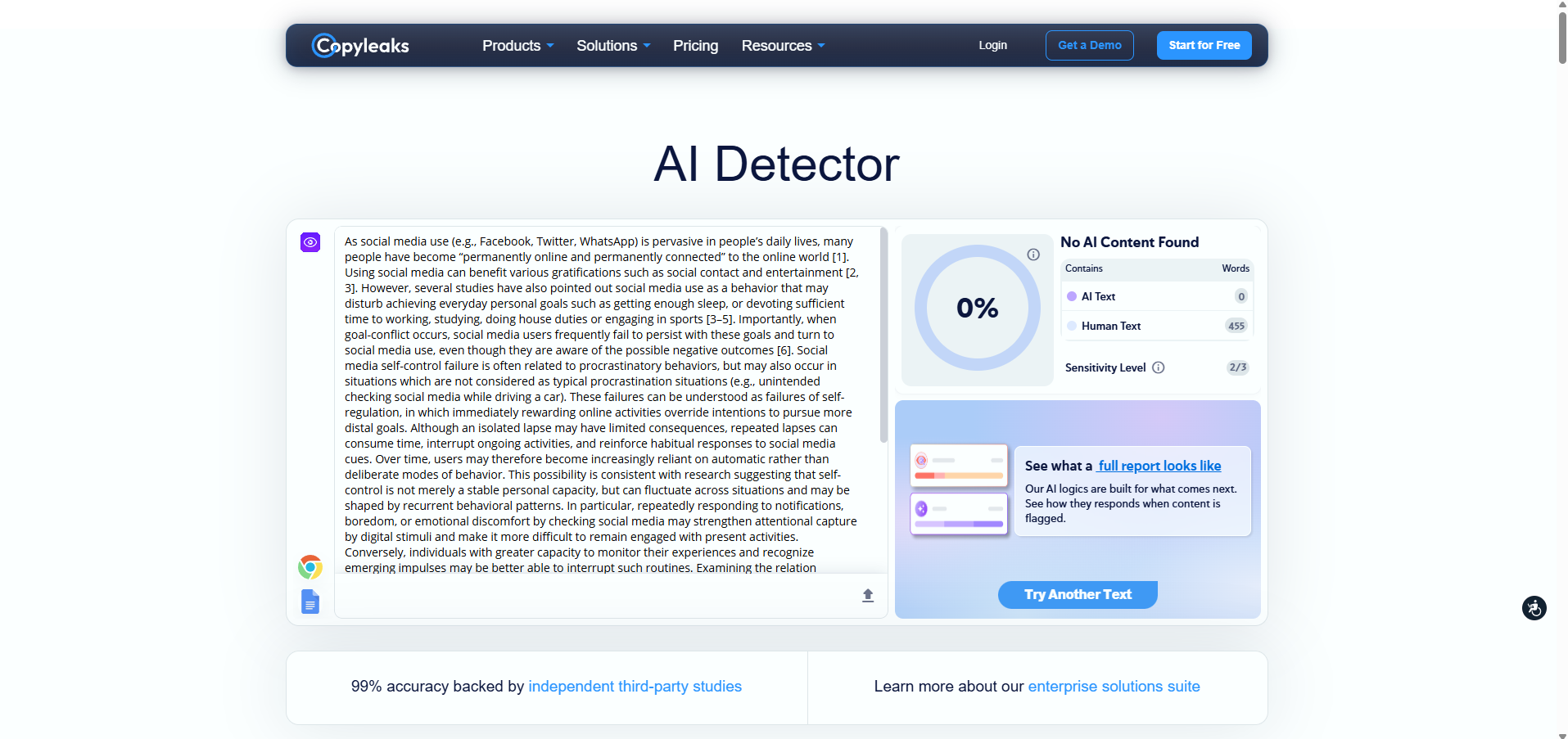 Copyleaks on the study's hybrid text: "No AI Content Found."