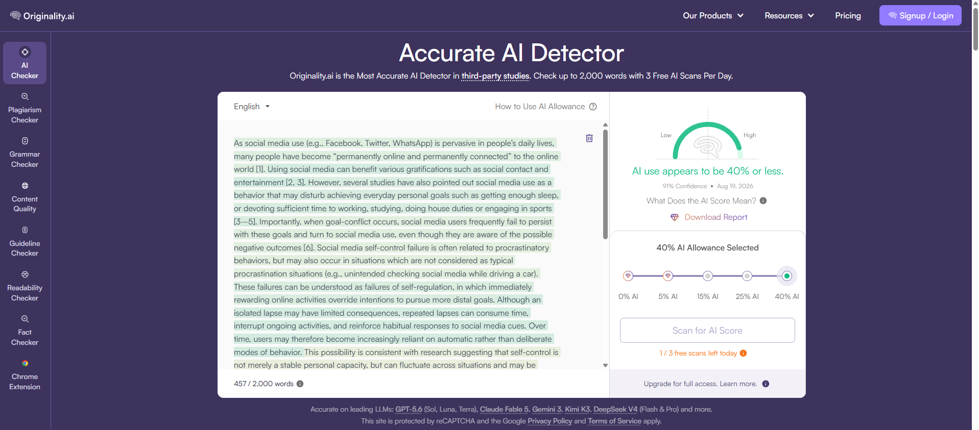 Originality.ai on the study's hybrid text: "AI use appears to be 40% or less" at 91% confidence. Study-run score: 0.